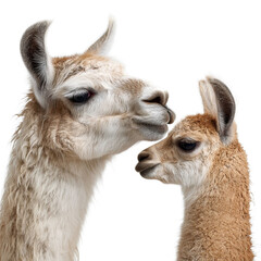 Obraz premium A close-up of an adult llama and its playful baby, showcasing their fluffy coats and gentle expressions.