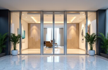 Fototapeta premium Modern office reception area with glass doors and stylish interior design