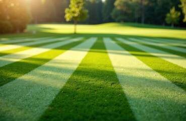 Obraz premium A well-maintained golf course with neatly trimmed grass and striped mowing patterns under bright sunlight