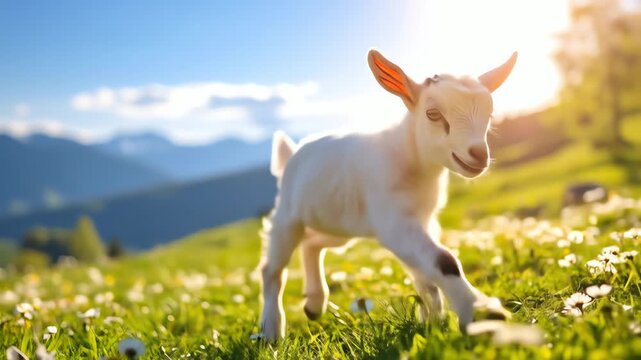 Kid Goats sunny frolic on meadow