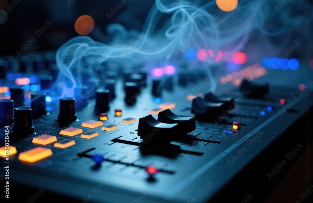 Poster close-up of a dj mixing console with colorful lights and smoke effects creating an energetic atmosph