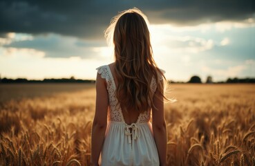 Obraz premium Woman standing in a wheat field at sunset with dark clouds in the sky