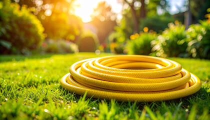 Vibrant yellow garden hose coiled on lush green lawn, sunlit summer scene.