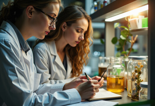 Two female scientists work together in a laboratory, examining samples and taking notes