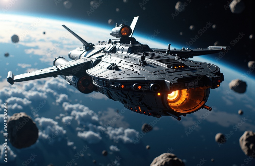 Poster futuristic spaceship flying through space with asteroids and earth in background