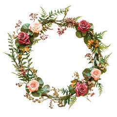 Elegant floral wreath with roses and greenery isolated on transparent background