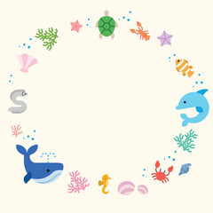 Obraz premium Colorful Ocean Life Circle Illustration Whales, Dolphins, and Sea Creatures