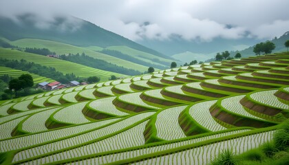 Picturesque Rice Terraces in Lush Green Landscape Under Cloudy Sky