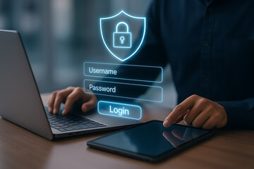 Secure login and password protection, businessman using laptop and tablet for online security and data privacy