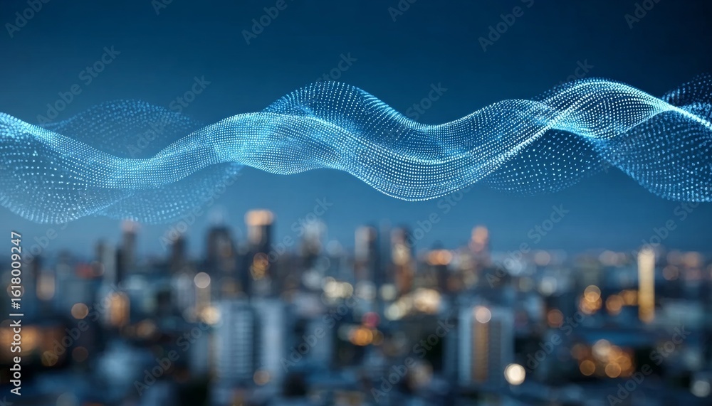 Poster futuristic smart city skyline with illuminated buildings and high-tech networking concept visuals