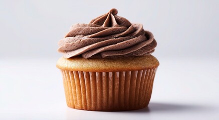 Chocolate Frosted Cupcake Centered on White, Minimalist Food Photography with Soft Shadow and Sharp Detail