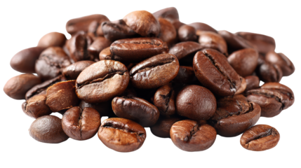 Fresh roasted coffee beans, arranged in a pile on a white isolated background.