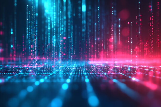 Futuristic neon digital cityscape with falling data streams
