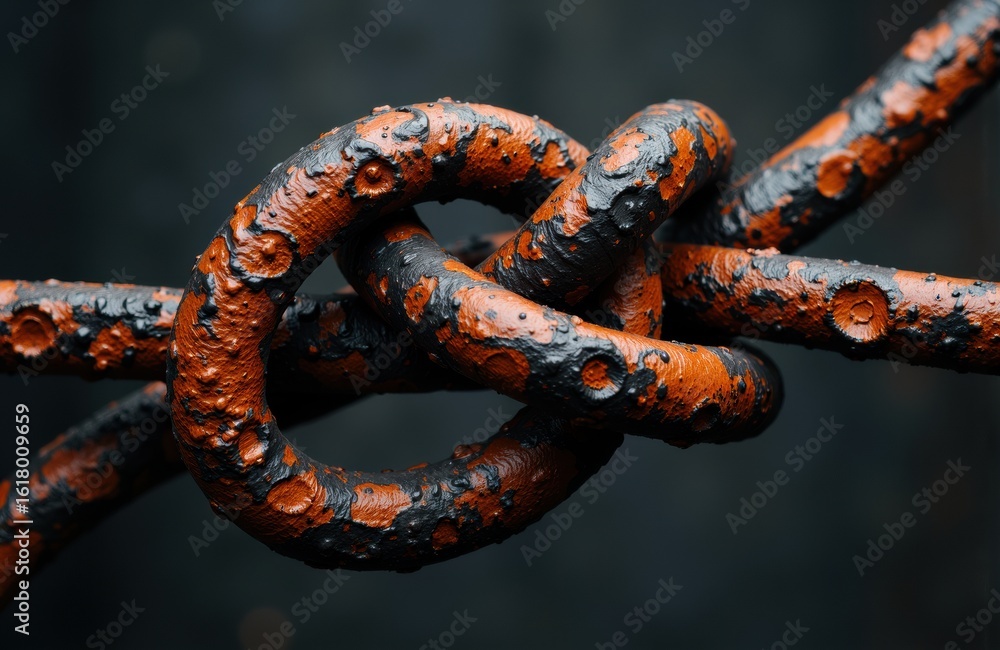 Poster a rusty metal chain link showing corrosion and weathered texture with a dark background