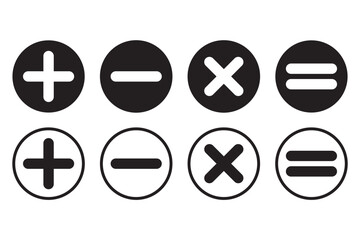 Checkmark icon and plus and minus icon. Plus, Minus, Multiplication, Division, Equal Black colors. Calculation icon in trendy flat style isolated on white background. Math symbol. Vector illustration.