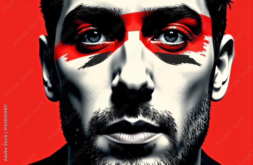 Poster man with face painted in red and white stripes resembling the union jack flag with intense expressio