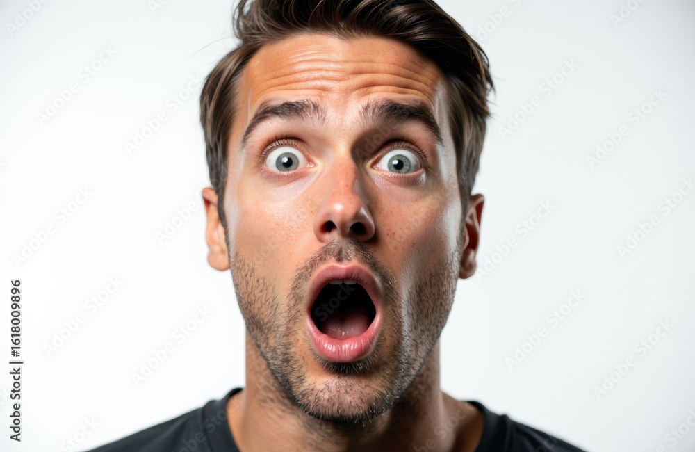 Poster a man with surprised expression showing wide eyes and open mouth