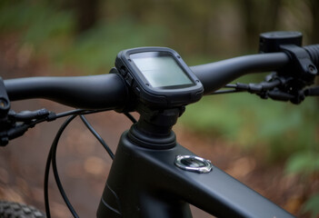 Close-up of a bicycle handlebar with a digital display and forest background