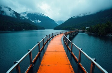 A curved orange walkway extends over a calm lake surrounded by lush green mountains and cloudy sky