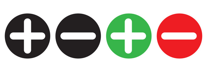 Fototapeta premium Green plus and red minus multiplication, division, Equal icon symbols, round thin line vector signs. Checkmark icon and plus and minus icon. Vector illustration. EPS 10