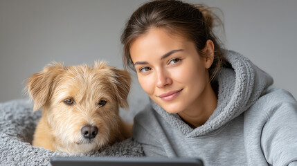 A woman relaxing at home with her dog, enjoying a cozy moment while using a tablet. Perfect for showcasing companionship and comfort.