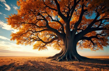 Majestic tree with vibrant orange autumn leaves standing in open landscape