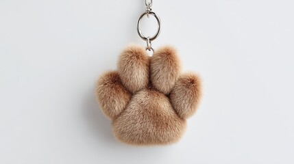 plush keychains. Soft, fluffy keychain in the shape of a paw print, featuring a light brown fur texture, attached to a metal ring, ideal for pet lovers and accessory enthusiasts