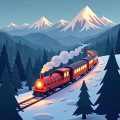 Vintage Steam Train Travels Through Snowy Mountain Landscape