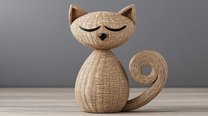Calm animal craft art rattan cat figure digital abstract design indoor environment straight-on shot