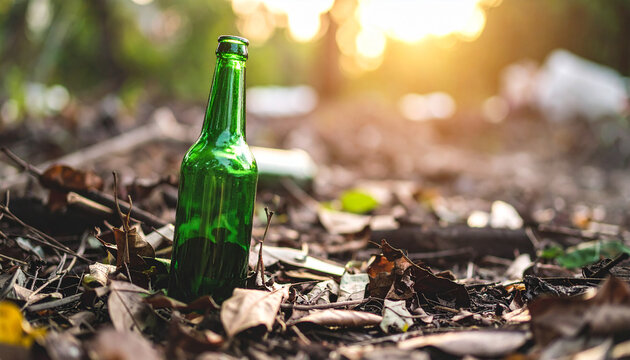 Empty beer bottle on rough ground. Visual metaphor for alcoholism and self-destruction. - Powered by Adobe