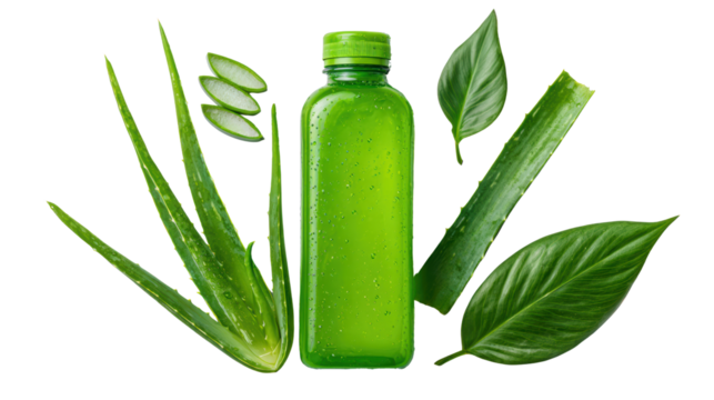 Green bottle with aloe vera leaves on white isolate background.