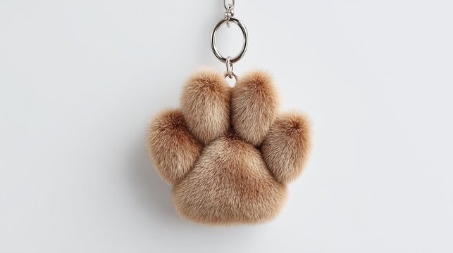 plush keychains. Soft, fluffy keychain in the shape of a paw print, featuring a light brown fur texture, attached to a metal ring, ideal for pet lovers and accessory enthusiasts