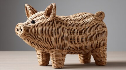 Craft digital art of rattan pig sculpture neutral earthy environment abstract animal figure