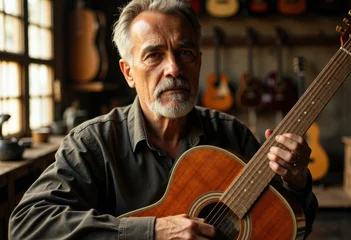 Wandcirkels Muziekwinkel An older man with gray hair and beard plays an acoustic guitar in a music shop  © starush