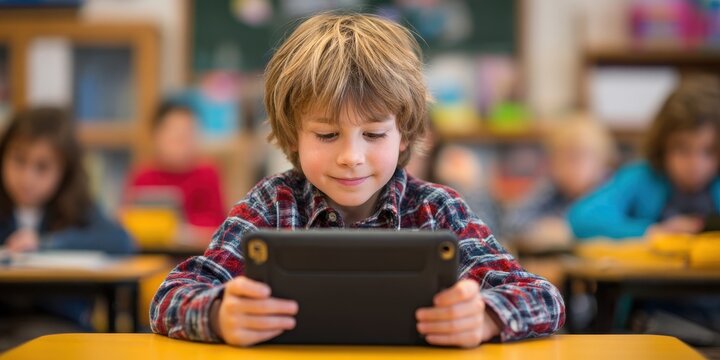 iPad Children. Boy in Classroom using Tablet PC for Digital Learning - Powered by Adobe