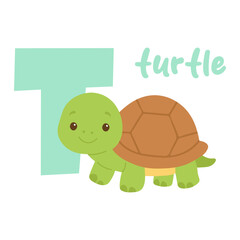 T alphabet turtle cute animal cartoon. Letter t with smiling turtle illustration for kids education. Baby turtle vector. Nursery wall art.