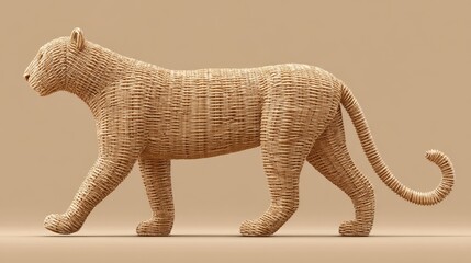 Digital art of rattan tiger walking in abstract style cinematic light beig environment