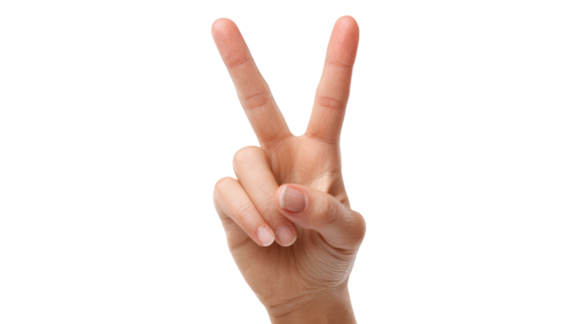Hand displaying peace sign, white isolated background.