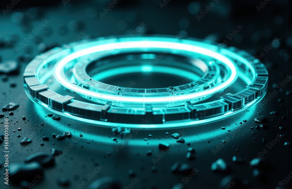 Poster futuristic glowing circular interface with digital elements on dark textured surface
