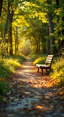 A tranquil forest path with a wooden bench invites peaceful contemplation amidst the vibrant foliage