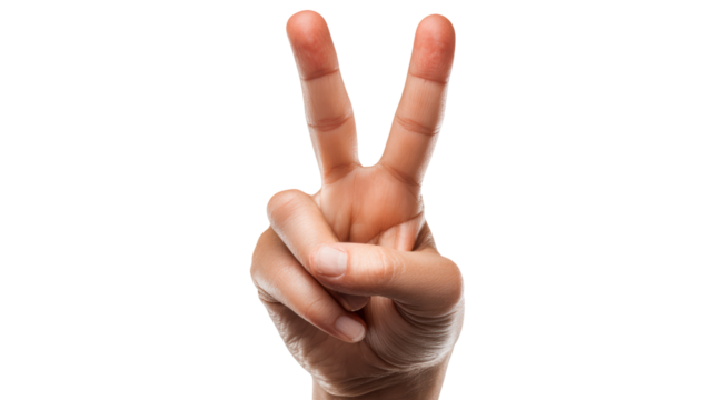 Hand gesture showing peace sign on a white isolate background.