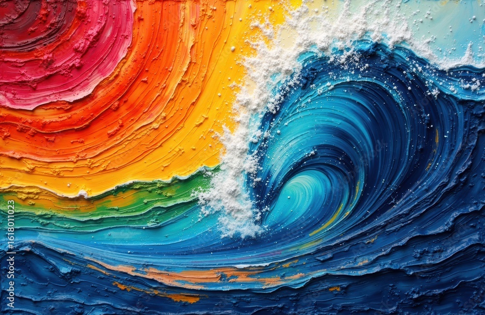 Poster vivid abstract painting with swirling waves and bold colors creating dynamic movement