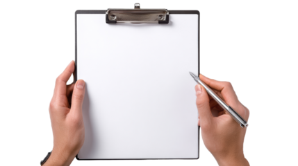 Hands holding a blank clipboard and pen, ready for notes and ideas.