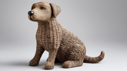 Realistic rattan dog statue digital art indoor environment abstract craft figure with animal concept