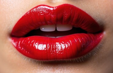 Obraz premium Vivid red lips with glossy lipstick and slightly parted mouth