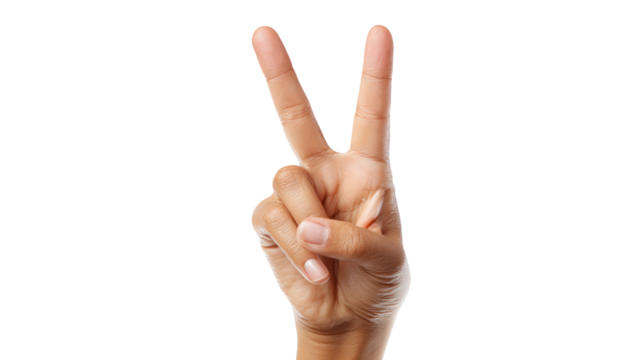 Hand showing peace sign, isolated against a white background.