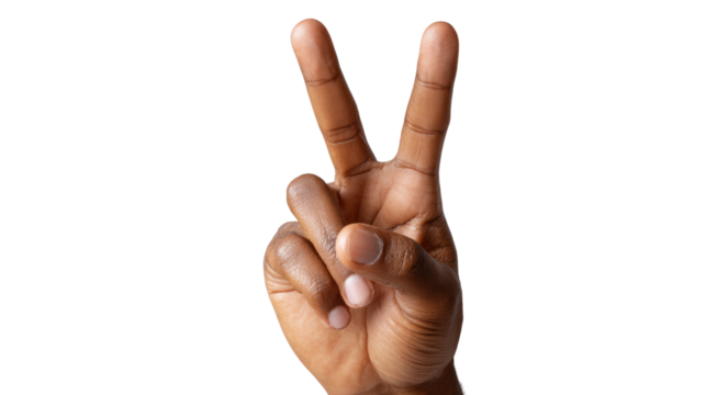 Hand showing peace sign, symbolizing harmony and positivity, on a transparent background.