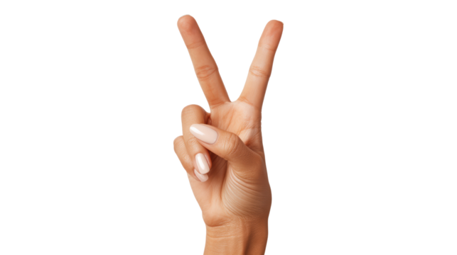 Hand showing peace sign, white isolate background.