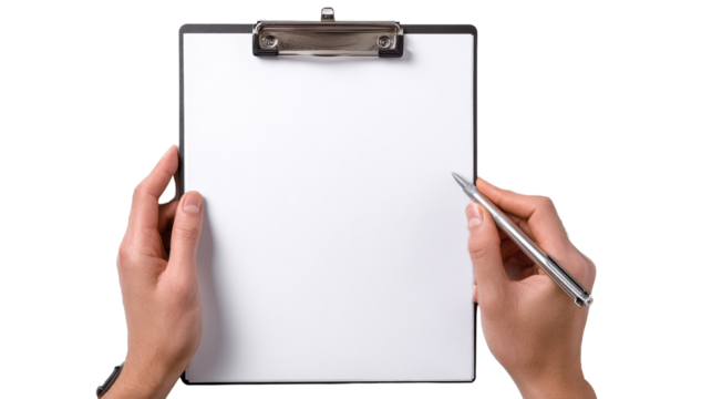 Hands holding a blank clipboard and pen, ready for notes and ideas.