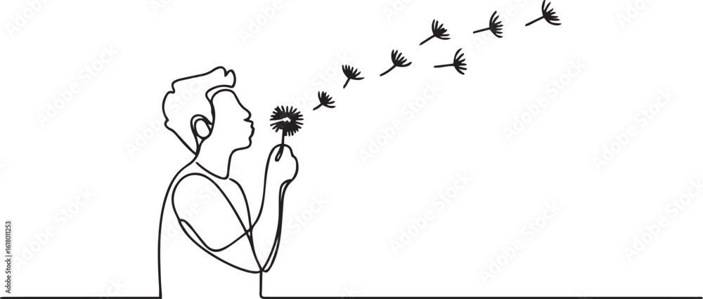 Poster continuous one line drawing of a person blowing dandelion seeds that transform into birds in flight,